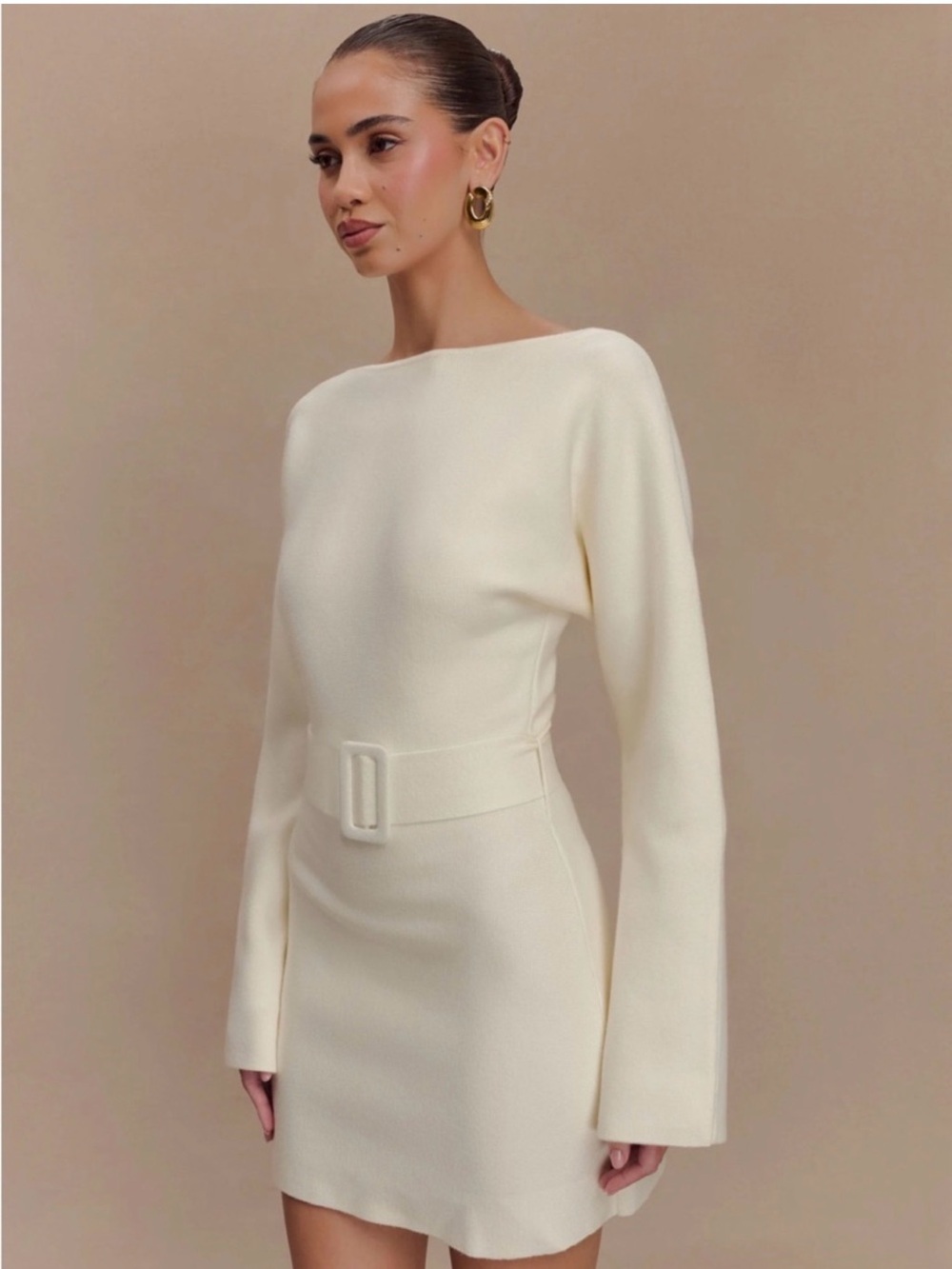 Meshki Cream Belted Long-Sleeve Mini Dress